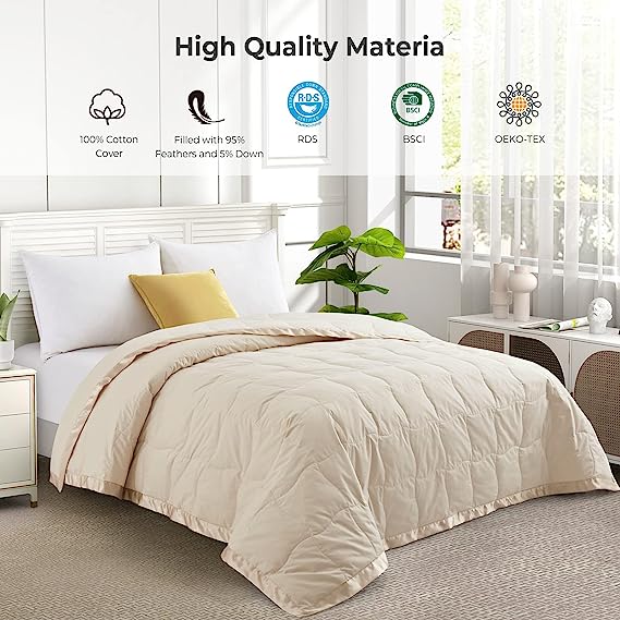 UNIKOME Down Blankets - Lightweight Thin Summer Down Comforter, Soft Cozy Bed Blanket with Luxury Satin Trim, 400 Thread Count, 100% Cotton Cover,