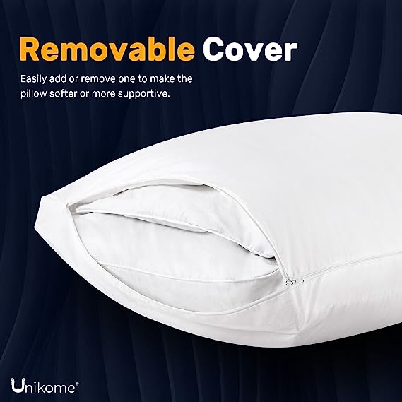 UNIKOME Adjustable 2 in 1 Layer Pillow, Goose Feathers Down Pillow with 100% Cotton Cover, Firm Support for Stomach, Side and Back Stomach Sleeper, Standard/Queen Size, Pack of 1, 20x28 Inches