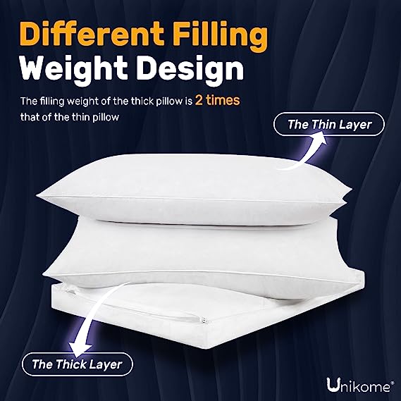 UNIKOME Adjustable 2 in 1 Layer Pillow, Goose Feathers Down Pillow with 100% Cotton Cover, Firm Support for Stomach, Side and Back Stomach Sleeper, Standard/Queen Size, Pack of 1, 20x28 Inches