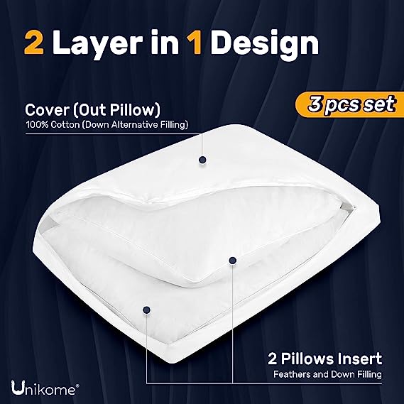 UNIKOME Adjustable 2 in 1 Layer Pillow, Goose Feathers Down Pillow with 100% Cotton Cover, Firm Support for Stomach, Side and Back Stomach Sleeper, Standard/Queen Size, Pack of 1, 20x28 Inches