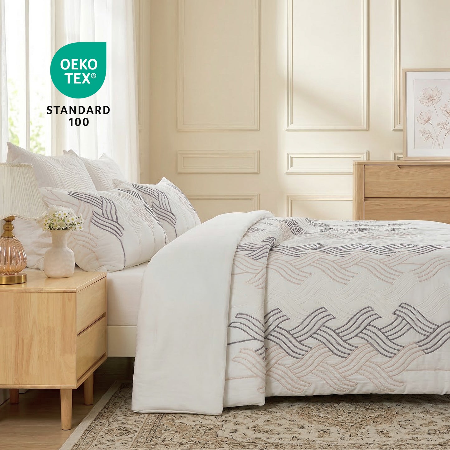 UNIKOME Queen Comforter Set White - Luxury Rope Embroidery Ultra Soft Lightweight Warm Bedding Set for All Seasons, 3 Pieces Down Alternative Bed Set with Comforter, 2 Pillowcases
