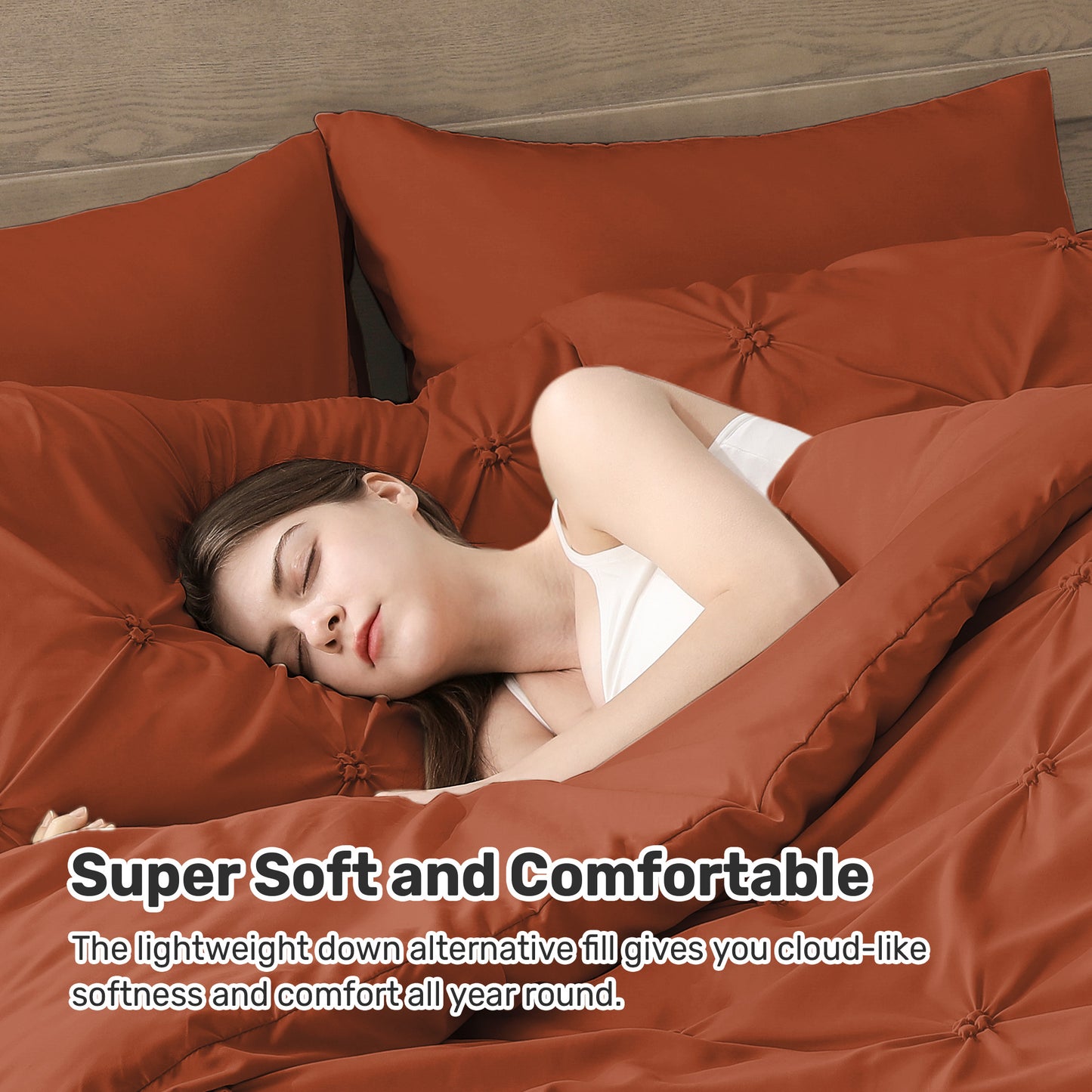 UNIKOME Queen Comforter Set Burnt Orange - Lightweight Soft Pintuck Down Alternative Bedding Set for Summer, All Seasons, 3 Pieces Pinch Pleat Solid Bed Set with Comforter, 2 Pillowcases