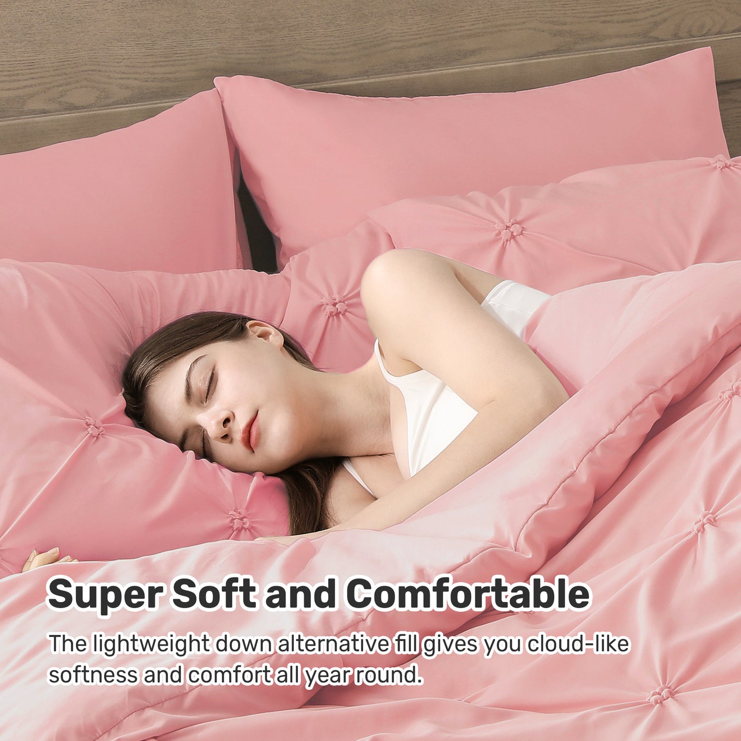 UNIKOME King Size Comforter Set Pink - Ultra Soft Boho Pintuck Down Alternative Bedding Set for Winter, All Seasons, 3 Pieces Lightweight Warm Pinch Pleat Bed Set with Comforter, 2 Pillowcases