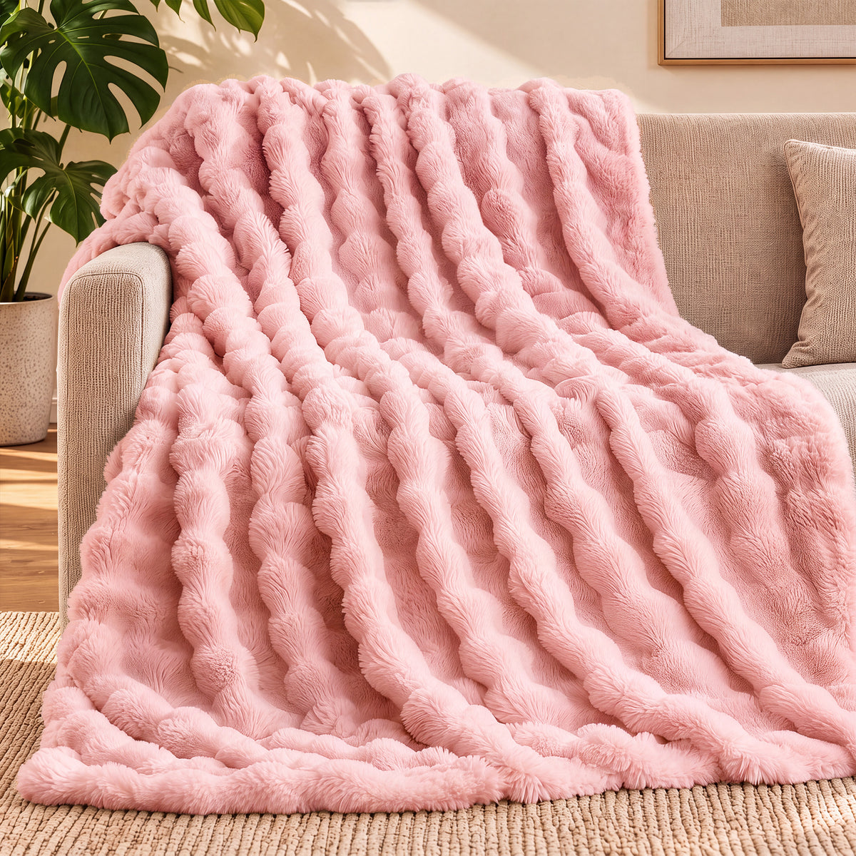 puredown®Faux Rabbit Fur Bubble Throw Blanket for Couch, Beige