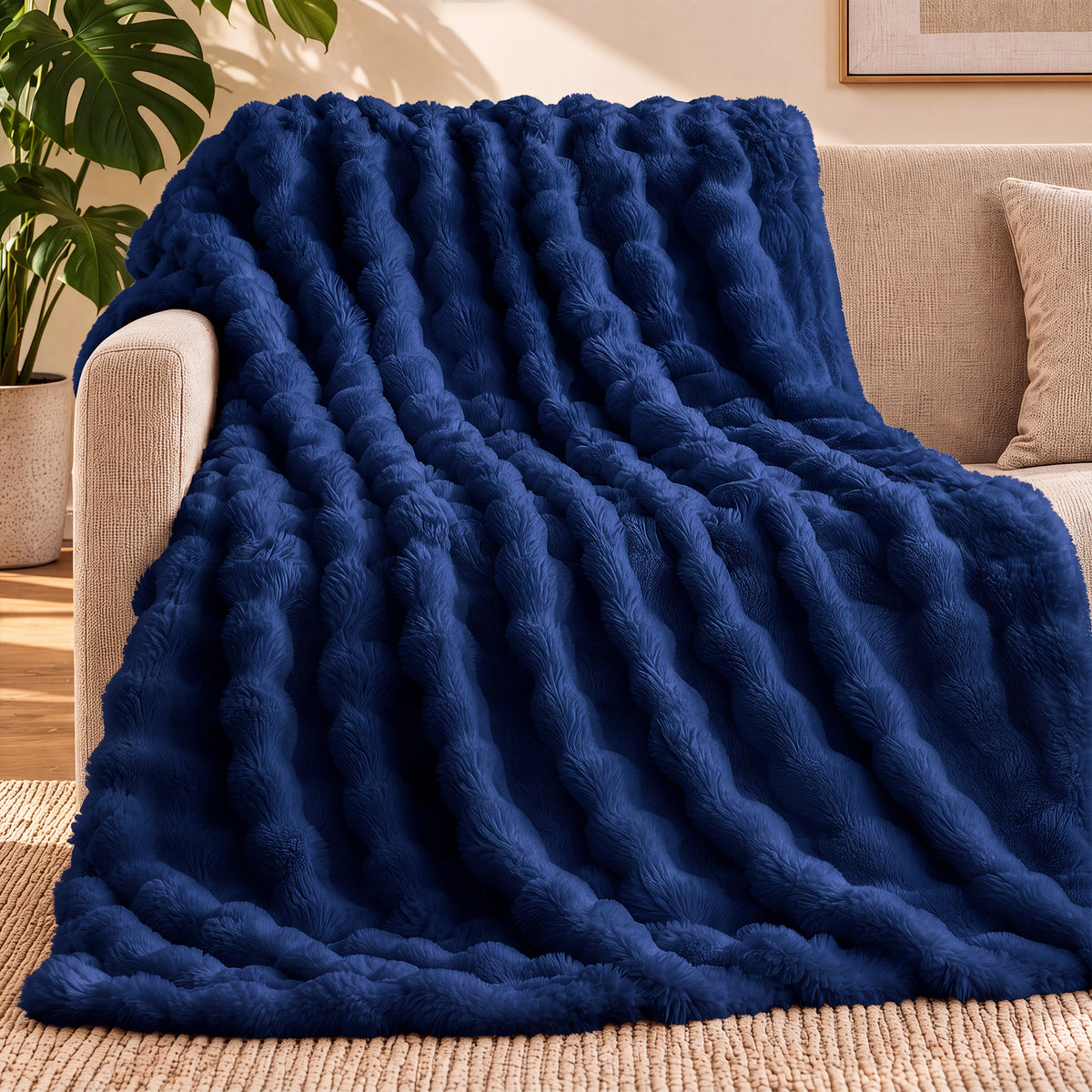 puredown®Faux Rabbit Fur Bubble Throw Blanket for Couch, Beige