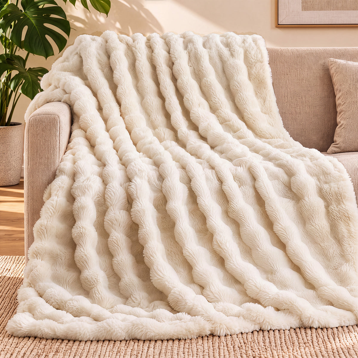 puredown®Faux Rabbit Fur Bubble Throw Blanket for Couch, Beige