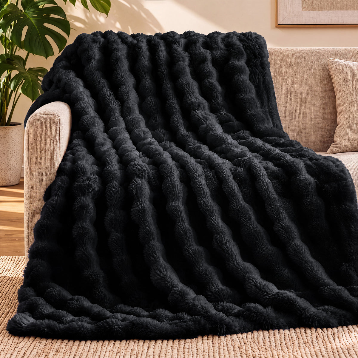 puredown®Faux Rabbit Fur Bubble Throw Blanket for Couch, Beige