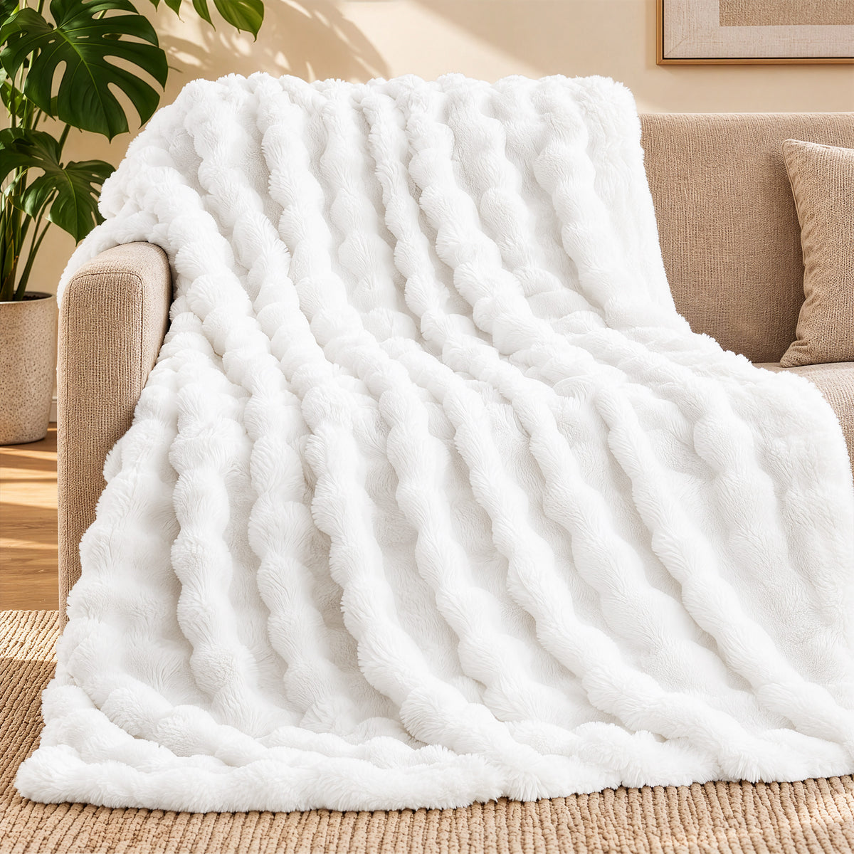 puredown®Faux Rabbit Fur Bubble Throw Blanket for Couch, Beige