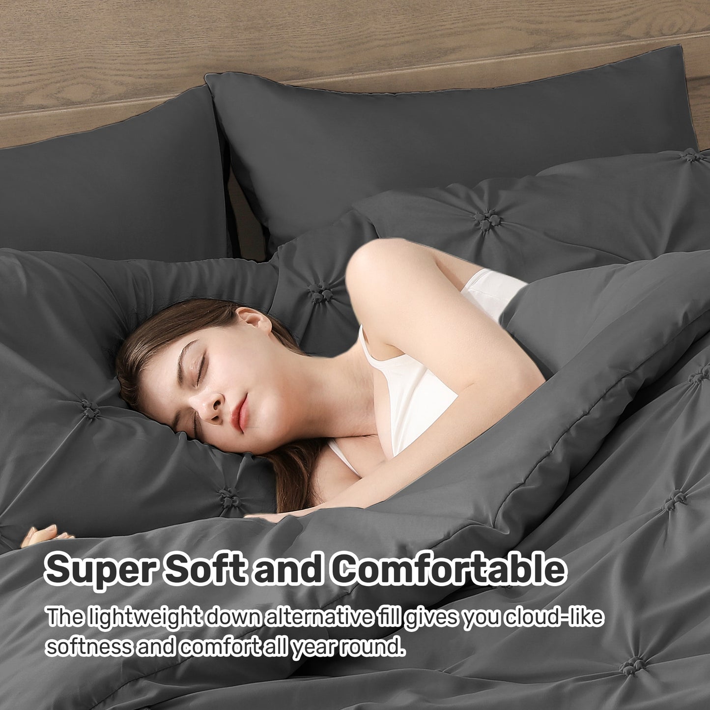 UNIKOME King Comforter Set Dark Gray - Ultra Soft Boho Pintuck Down Alternative Bedding Set for Winter, All Seasons, 3 Pieces Lightweight Warm Pinch Pleat Bed Set with Comforter, 2 Pillowcases