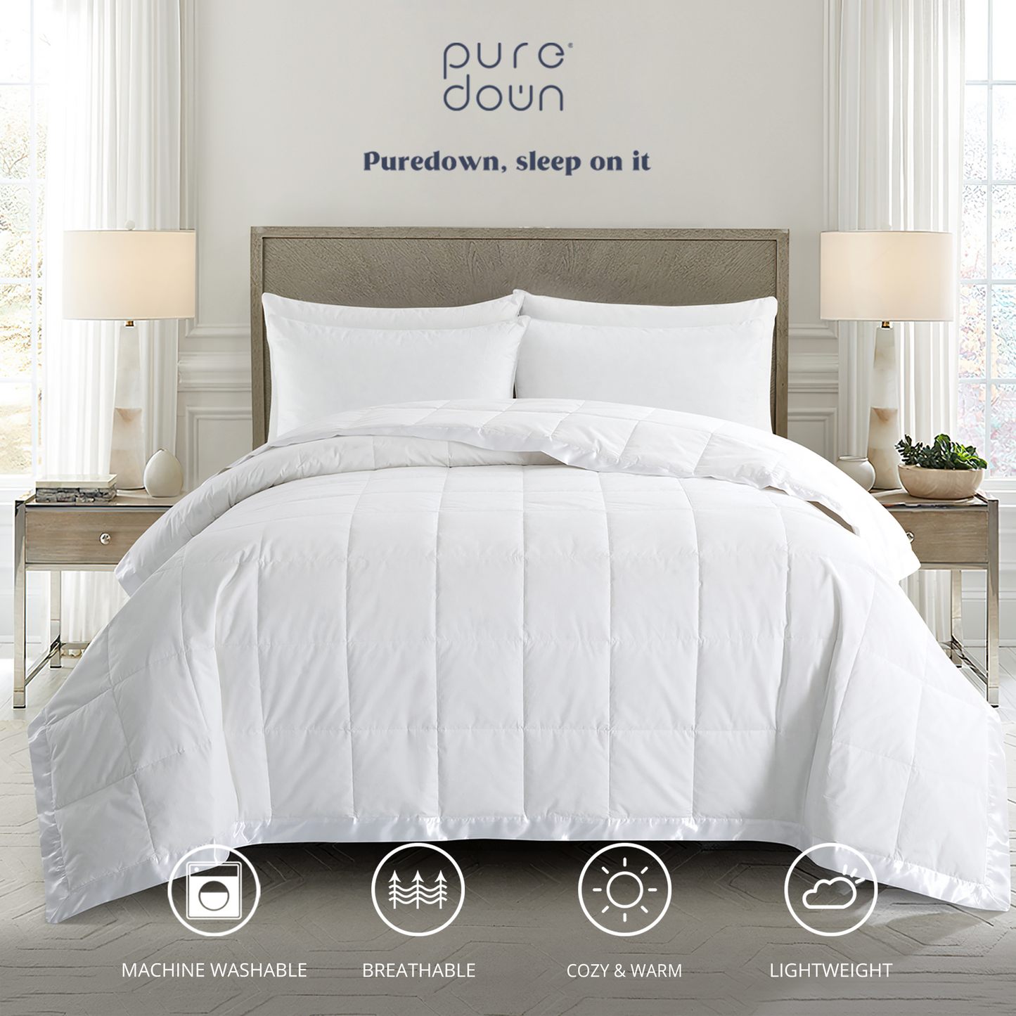 puredown® Blankets Queen Size - Soft Lightweight Down Blanket for Bed, Cozy Warm Luxury Bed Blanket with Satin Trim, White (90"X90")