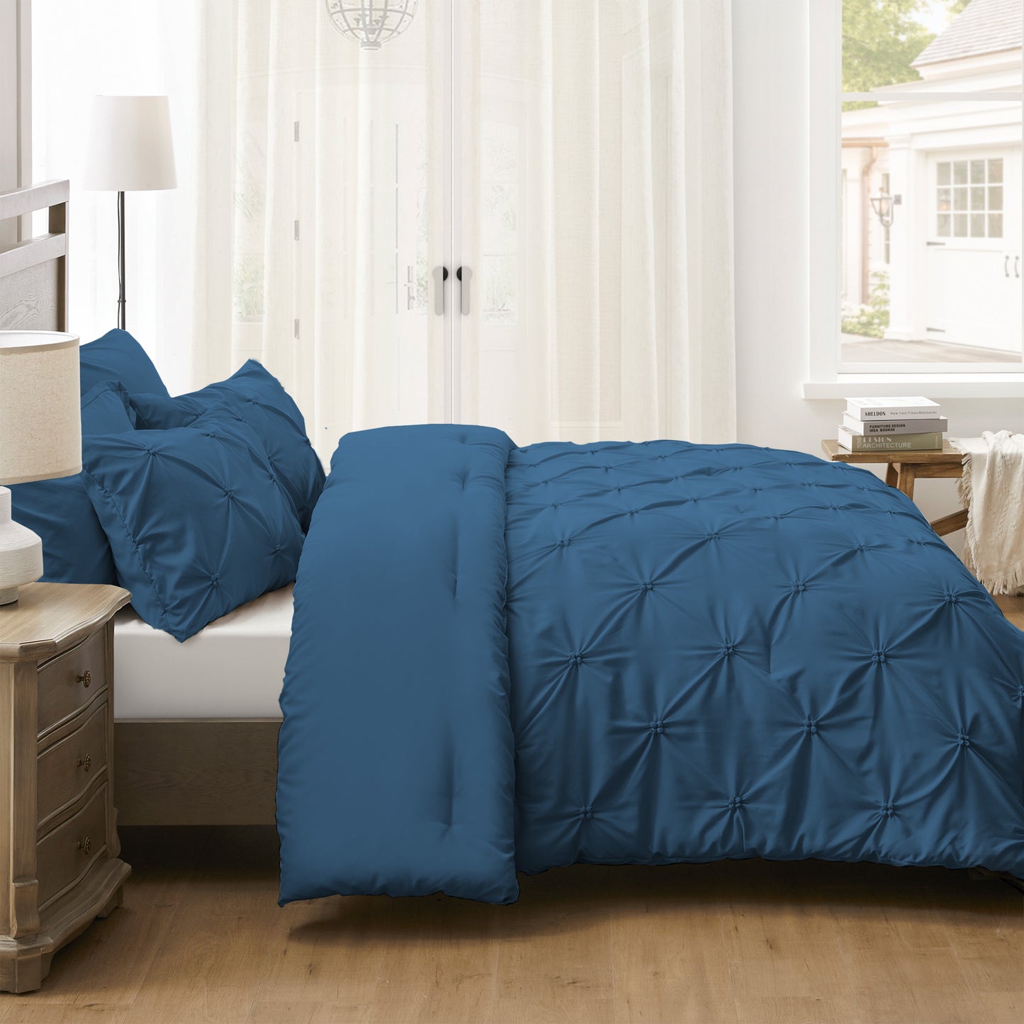 UNIKOME Queen Comforter Set Navy/Royal Blue - Lightweight Soft Pintuck Down Alternative Bedding Set for Summer, All Seasons, 3 Pieces Pinch Pleat Solid Bed Set with Comforter, 2 Pillowcases