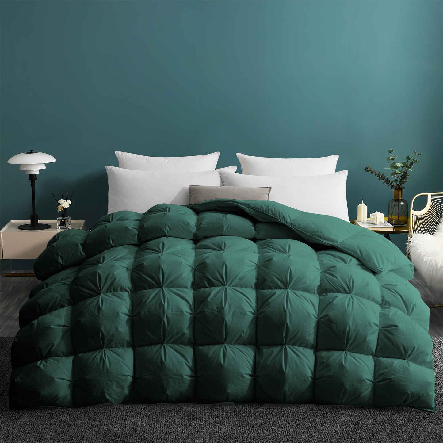 UNIKOME Queen Size Goose Feather Down Comforter - Pinch Pleat All Season Duvet Insert, 20% Extra Fill, 90oz, Cloud-Like Fluffy Hotel Luxury Green Comforter with 100% Cotton Cover (90" X 90")
