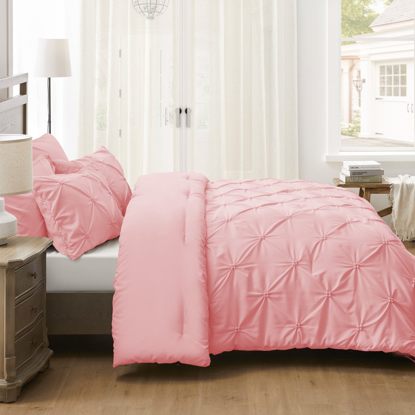 UNIKOME Queen Comforter Set Pink - Ultra Soft Boho Pintuck Down Alternative Bedding Set for Winter, All Seasons, 3 Pieces Lightweight Warm Pinch Pleat Bed Set with Comforter, 2 Pillowcases