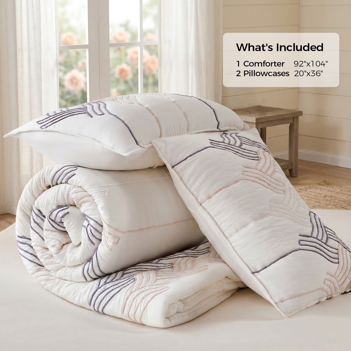UNIKOME Queen Comforter Set White - Luxury Rope Embroidery Ultra Soft Lightweight Warm Bedding Set for All Seasons, 3 Pieces Down Alternative Bed Set with Comforter, 2 Pillowcases