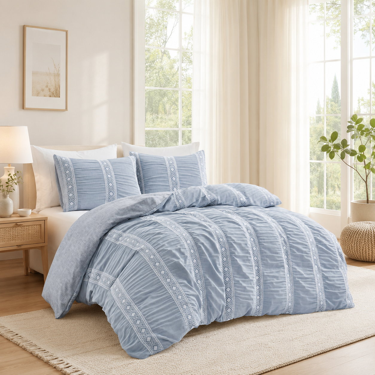 Unikome Duvet Cover Set, Bedding Set with Comforter Cover and Pillow Sham, Soft Boho Blue Geometric Bedding, Machine Washable