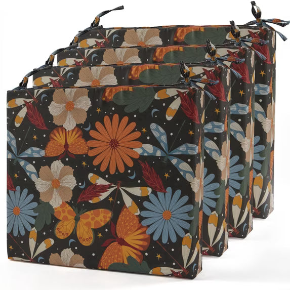 UNIKOME 4-Pack Outdoor Patio Chair Cushions, Water-Resistant Square Foam Seat Pads with Ties, 18.5 x 16 x 3 inch, Yellow Floral