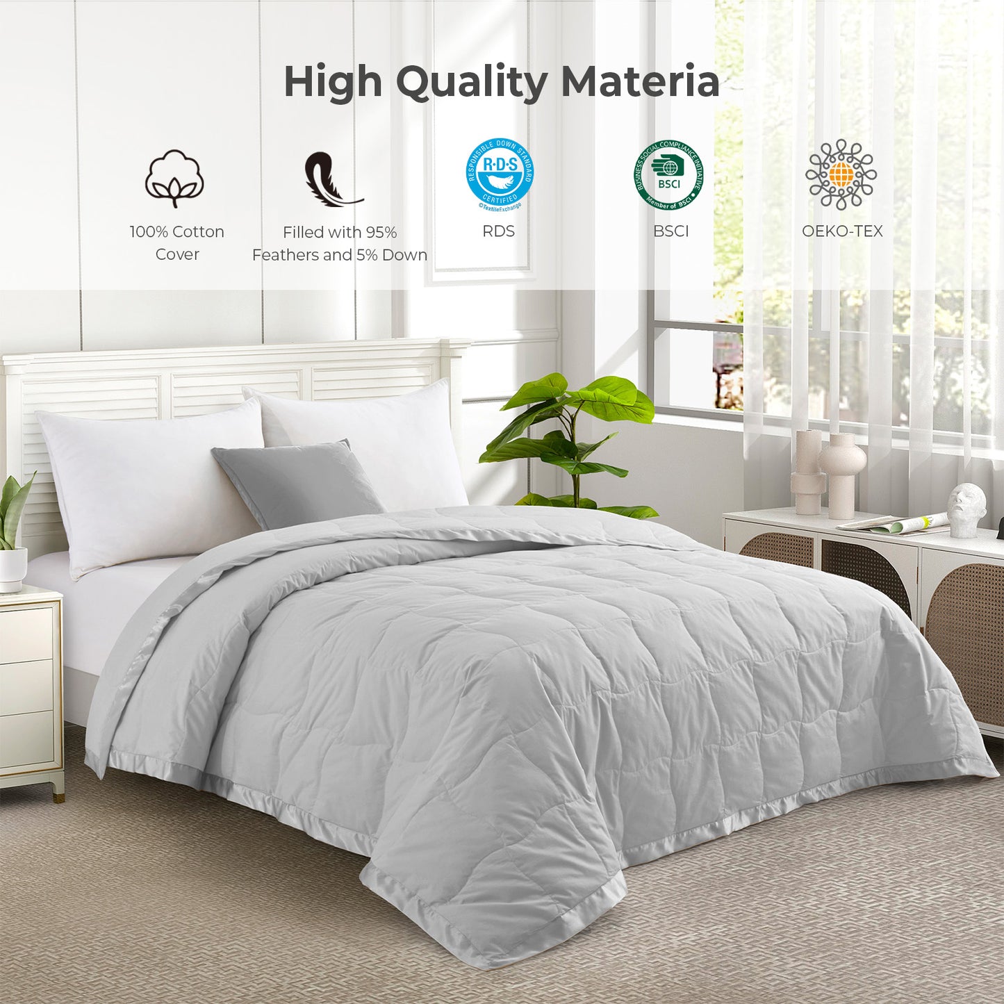 UNIKOME Down Blankets - Lightweight Thin Summer Down Comforter, Soft Cozy Bed Blanket with Luxury Satin Trim, 400 Thread Count, 100% Cotton Cover,